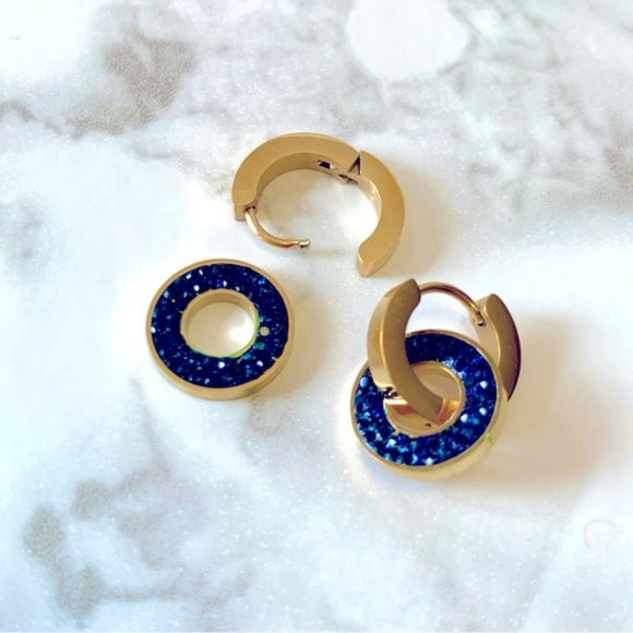 18k Gold Plated Blue Rhinestone Hoop Earrings - Picture 6 of 6